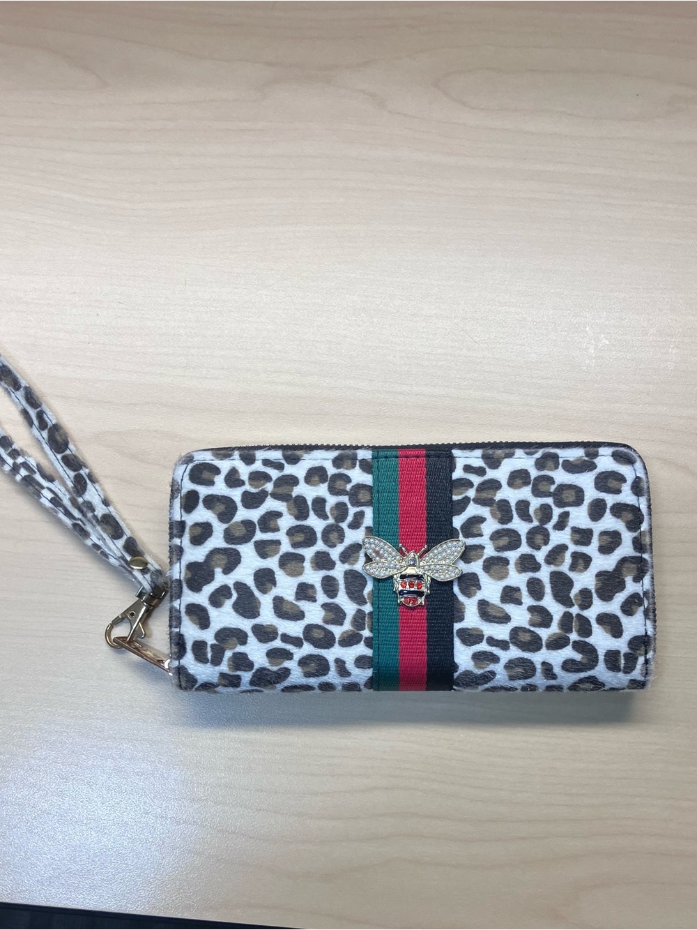 Leopard Print Zip Wallet with Bee Accent